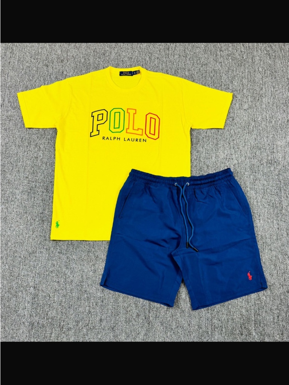 Ralph Lauren Yellow Logo Tee with Navy Shorts